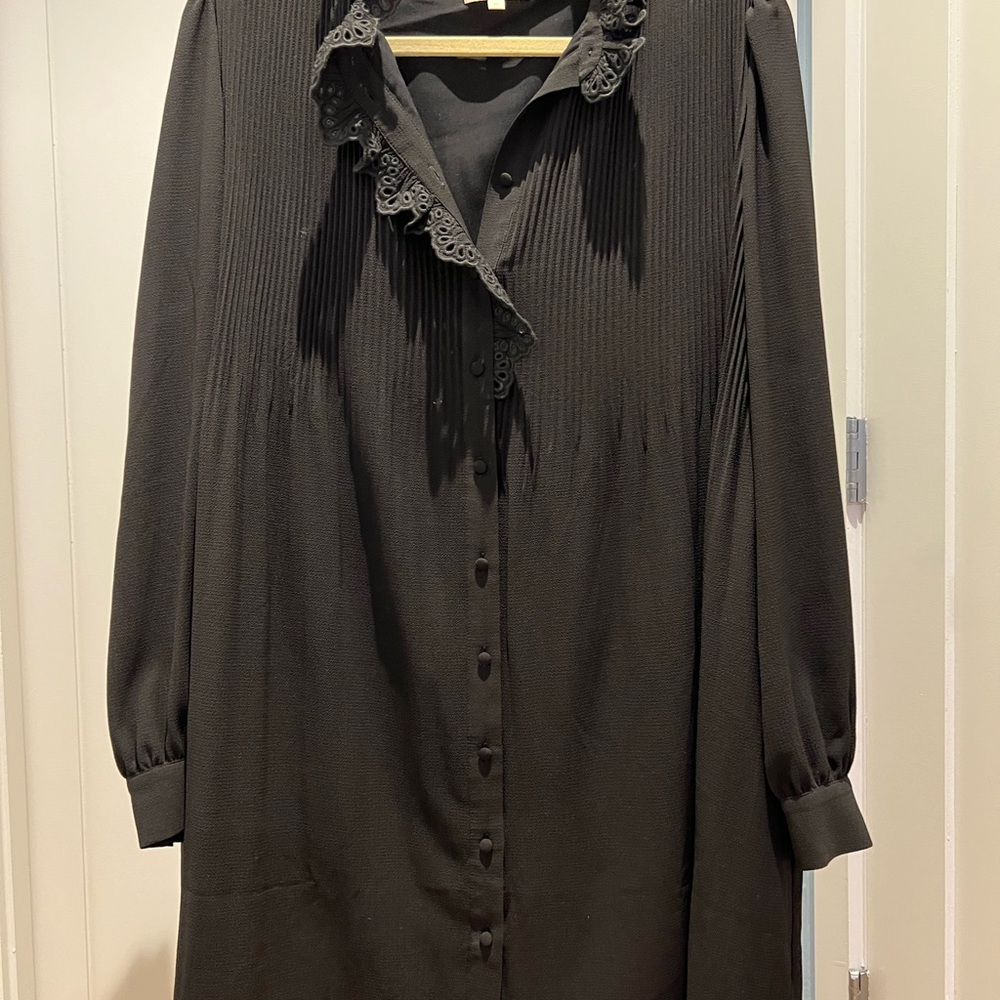 Sezane Black Button-Up Long Sleeve Dress